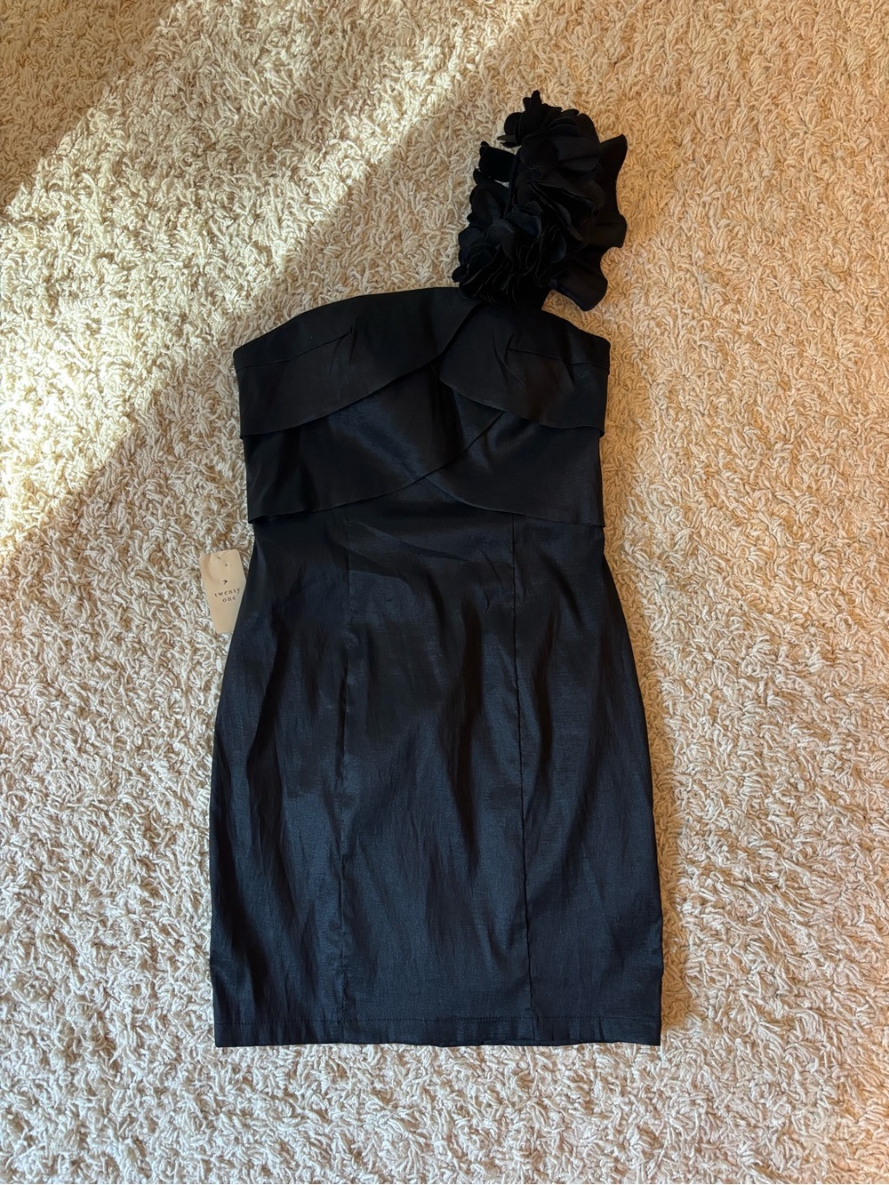 One-Shoulder Black Cocktail Dress with Floral Shoulder Accent